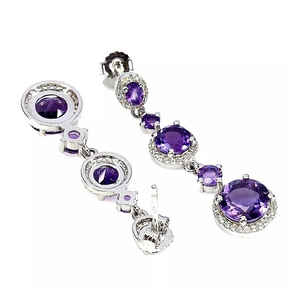 Natural Amethyst 8mm & Cz 925 Sterling Silver Jewelry Earrings - Picture 6 of 6
